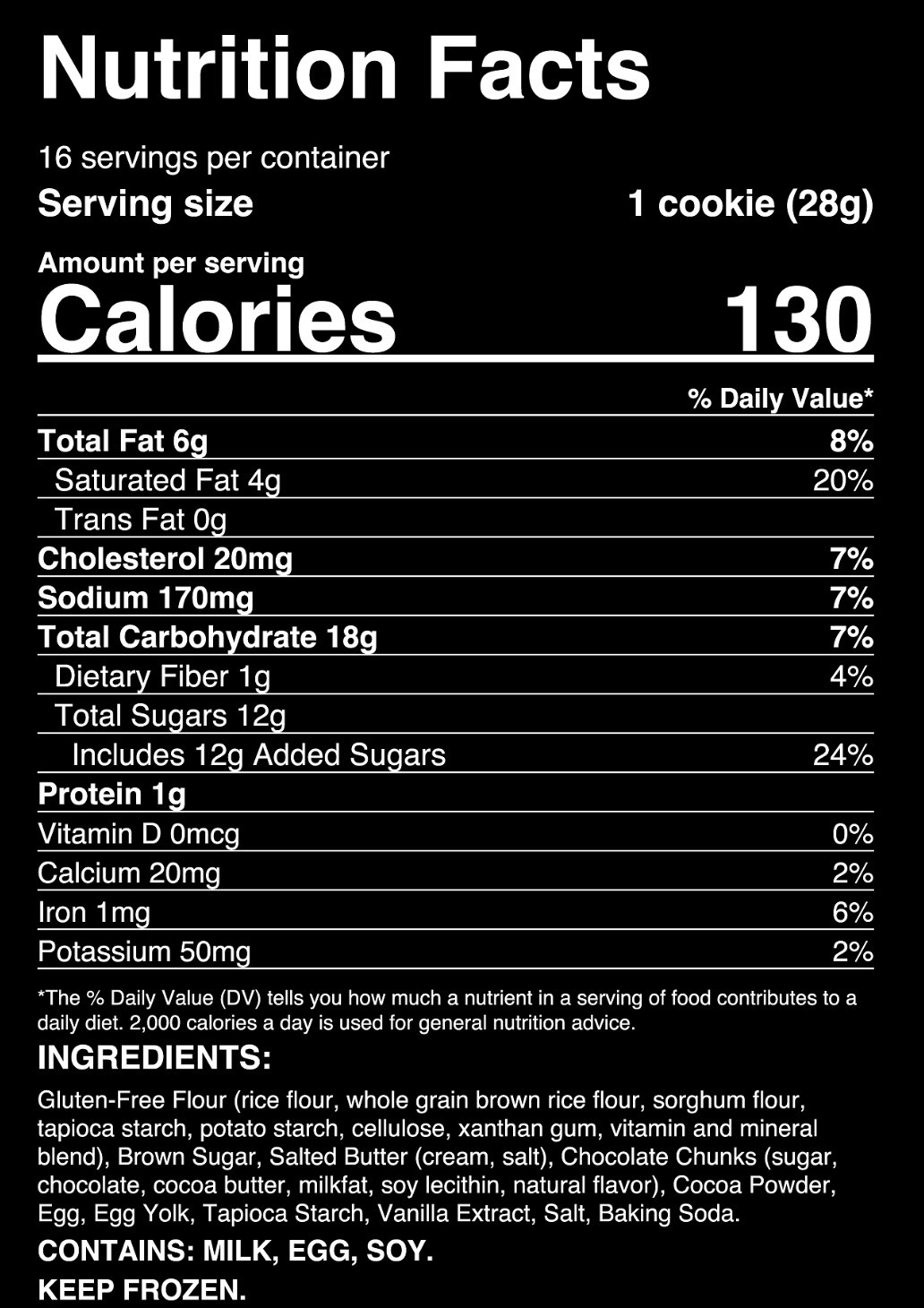 Black Velvet nutrition facts and ingredients label, including 130 calories per cookie