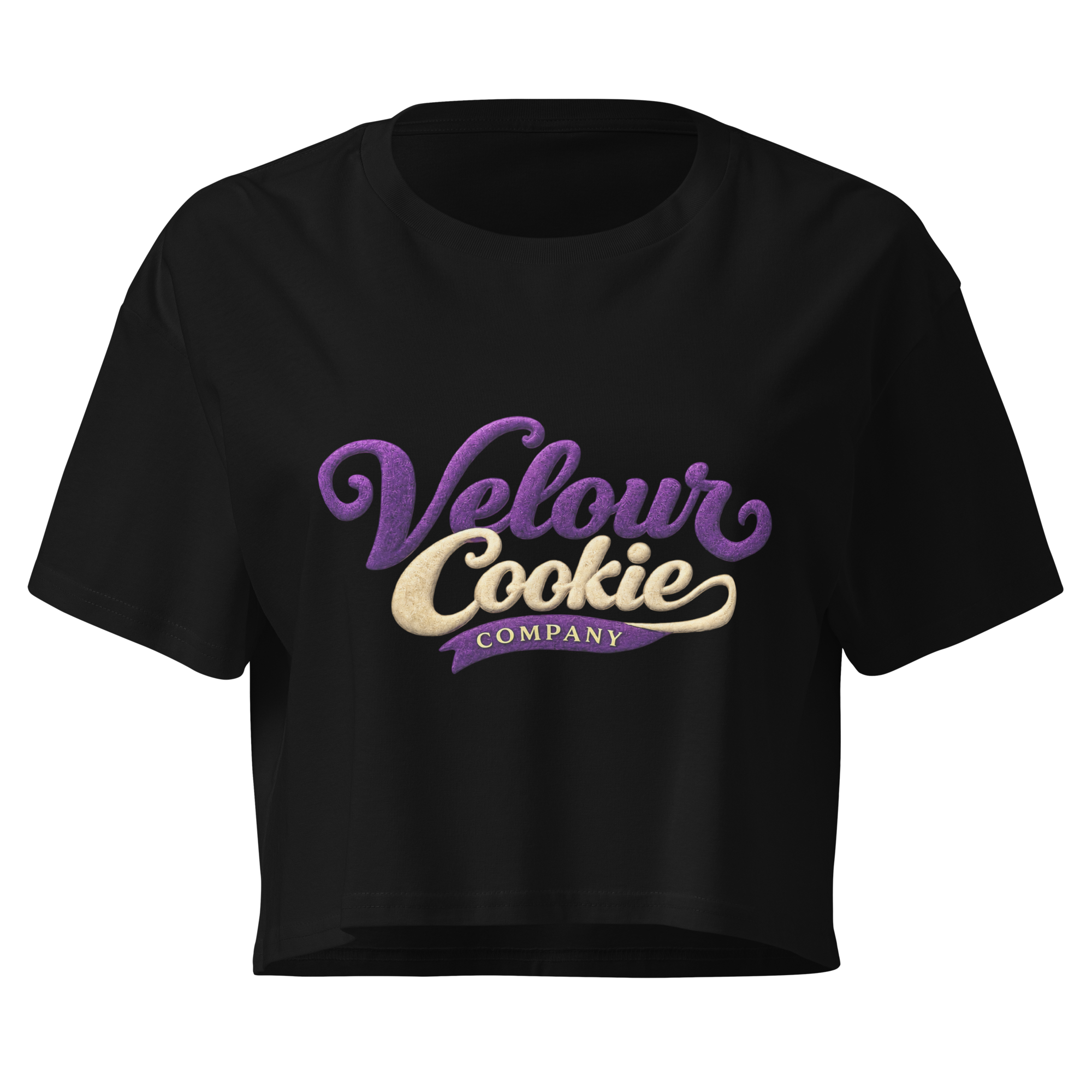 Velour Cookie Company logo on a black crop top